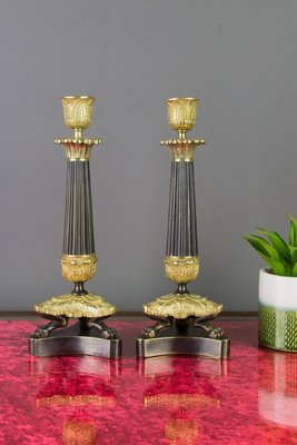 French Empire Style Bronze and Brass Candlesticks on Tripod Base, Set of 2-KEG-784735