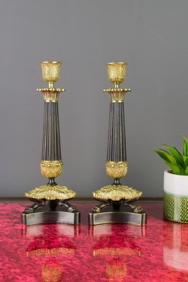 French Empire Style Bronze and Brass Candlesticks on Tripod Base, Set of 2-KEG-784735