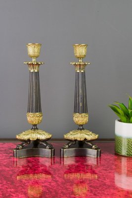 French Empire Style Bronze and Brass Candlesticks on Tripod Base, Set of 2-KEG-784735