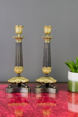 French Empire Style Bronze and Brass Candlesticks on Tripod Base, Set of 2-KEG-784735