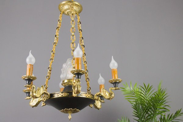 French Empire Style Bronze, Brass and Glass Chandelier, 1920s-KEG-807327