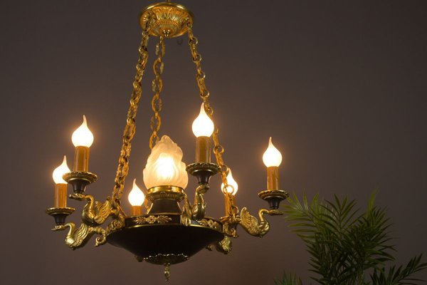 French Empire Style Bronze, Brass and Glass Chandelier, 1920s-KEG-807327