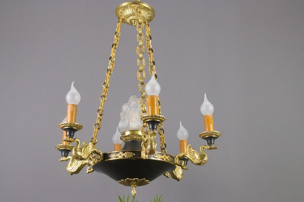 French Empire Style Bronze, Brass and Glass Chandelier, 1920s-KEG-807327