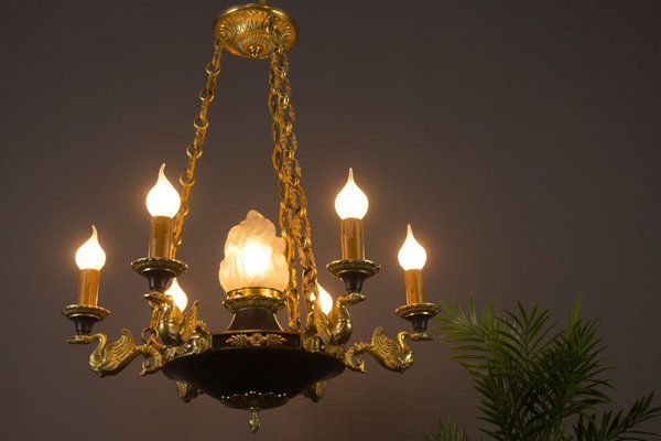 French Empire Style Bronze, Brass and Glass Chandelier, 1920s-KEG-807327