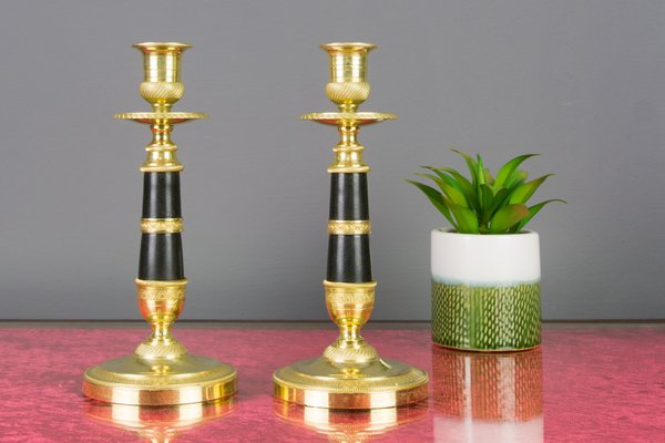 French Empire Style Gilt Bronze and Patinated Brass Candlesticks, Set of 2-KEG-796224