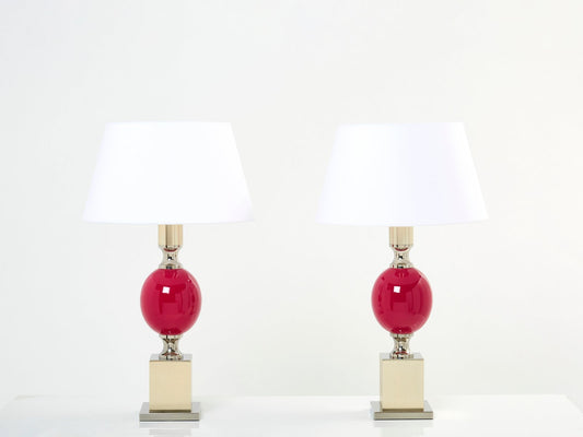 French Enameled Brass Chrome Table Lamps by Philippe Barbier, 1970s, Set of 2