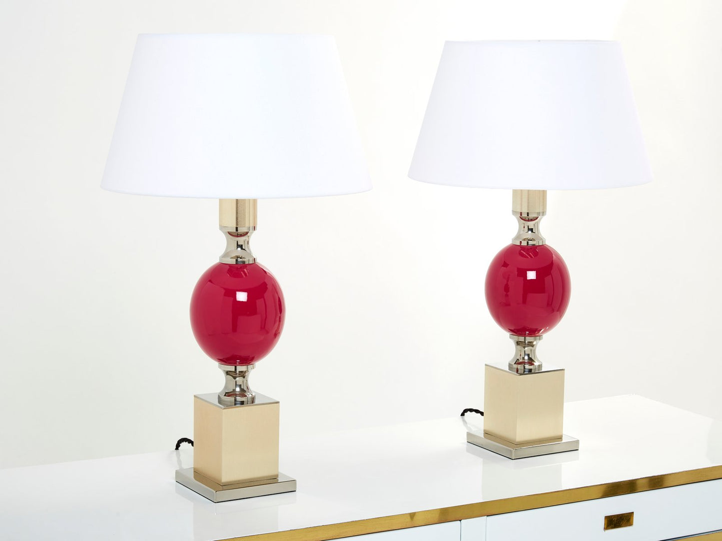 French Enameled Brass Chrome Table Lamps by Philippe Barbier, 1970s, Set of 2