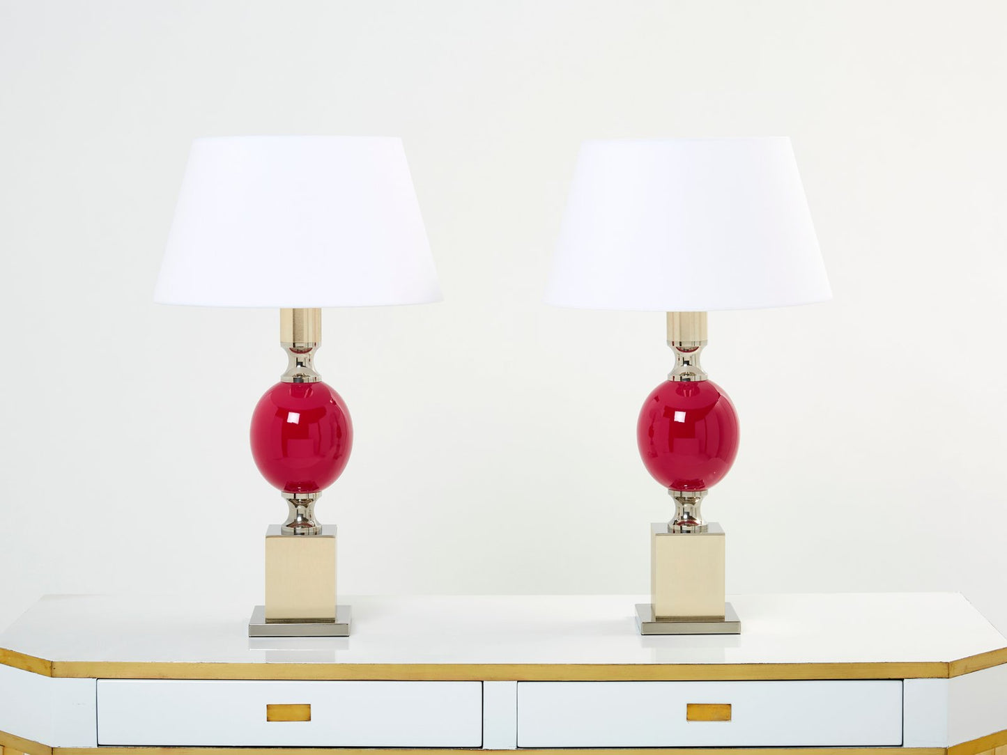 French Enameled Brass Chrome Table Lamps by Philippe Barbier, 1970s, Set of 2