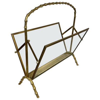 French Faux Bamboo Magazine Rack Stand in Brass Glass from Maison Baguès, 1950s-LYQ-1171657