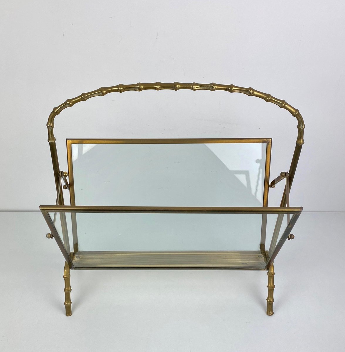 French Faux Bamboo Magazine Rack Stand in Brass Glass from Maison Baguès, 1950s