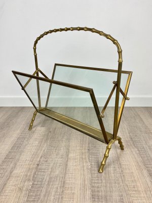 French Faux Bamboo Magazine Rack Stand in Brass Glass from Maison Baguès, 1950s-LYQ-1171657