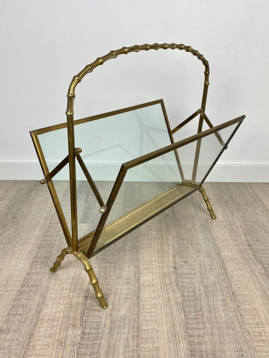 French Faux Bamboo Magazine Rack Stand in Brass Glass from Maison Baguès, 1950s-LYQ-1171657