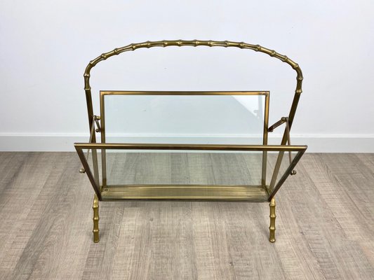 French Faux Bamboo Magazine Rack Stand in Brass Glass from Maison Baguès, 1950s-LYQ-1171657