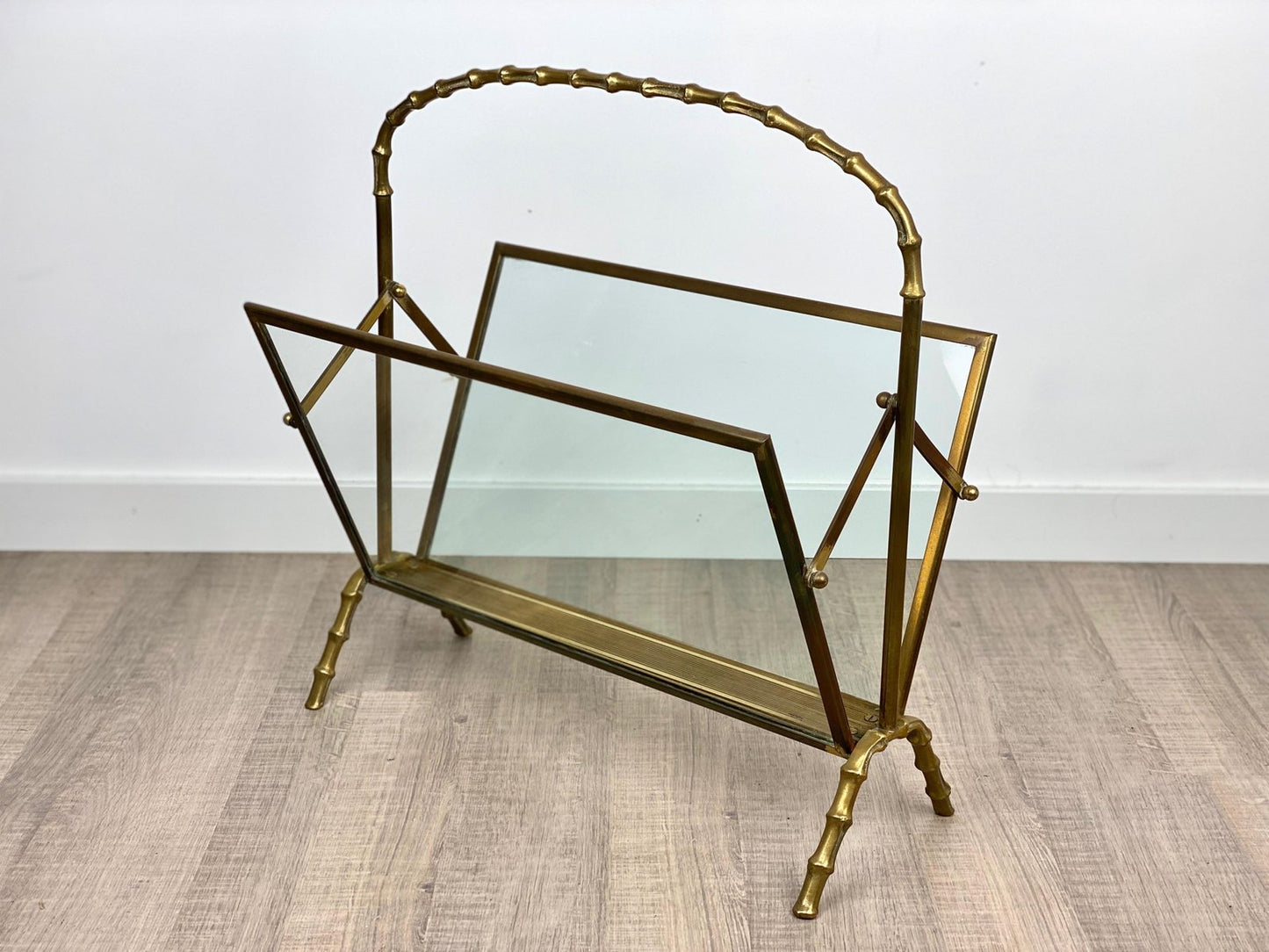 French Faux Bamboo Magazine Rack Stand in Brass Glass from Maison Baguès, 1950s