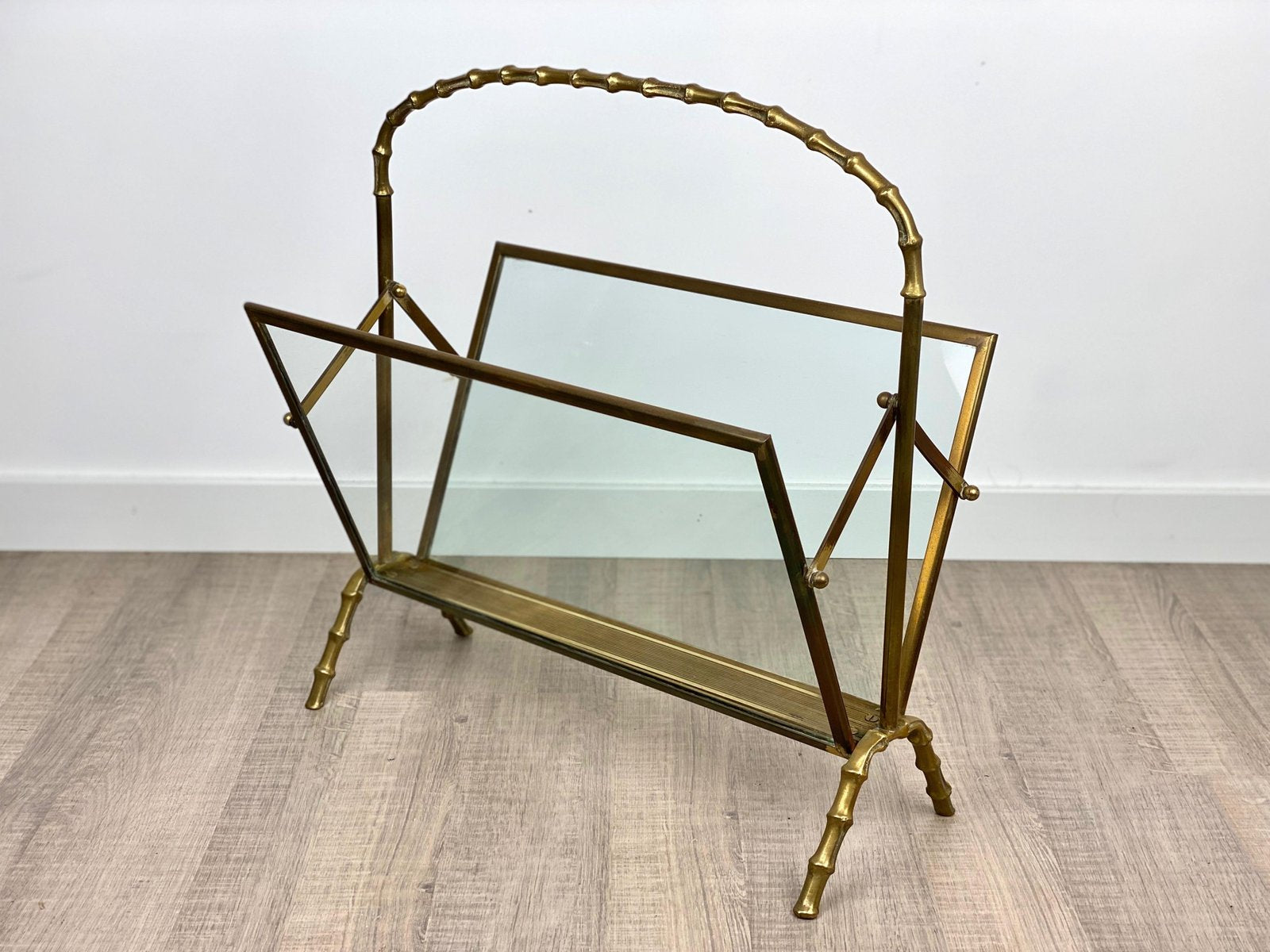 French Faux Bamboo Magazine Rack Stand in Brass Glass from Maison Baguès, 1950s