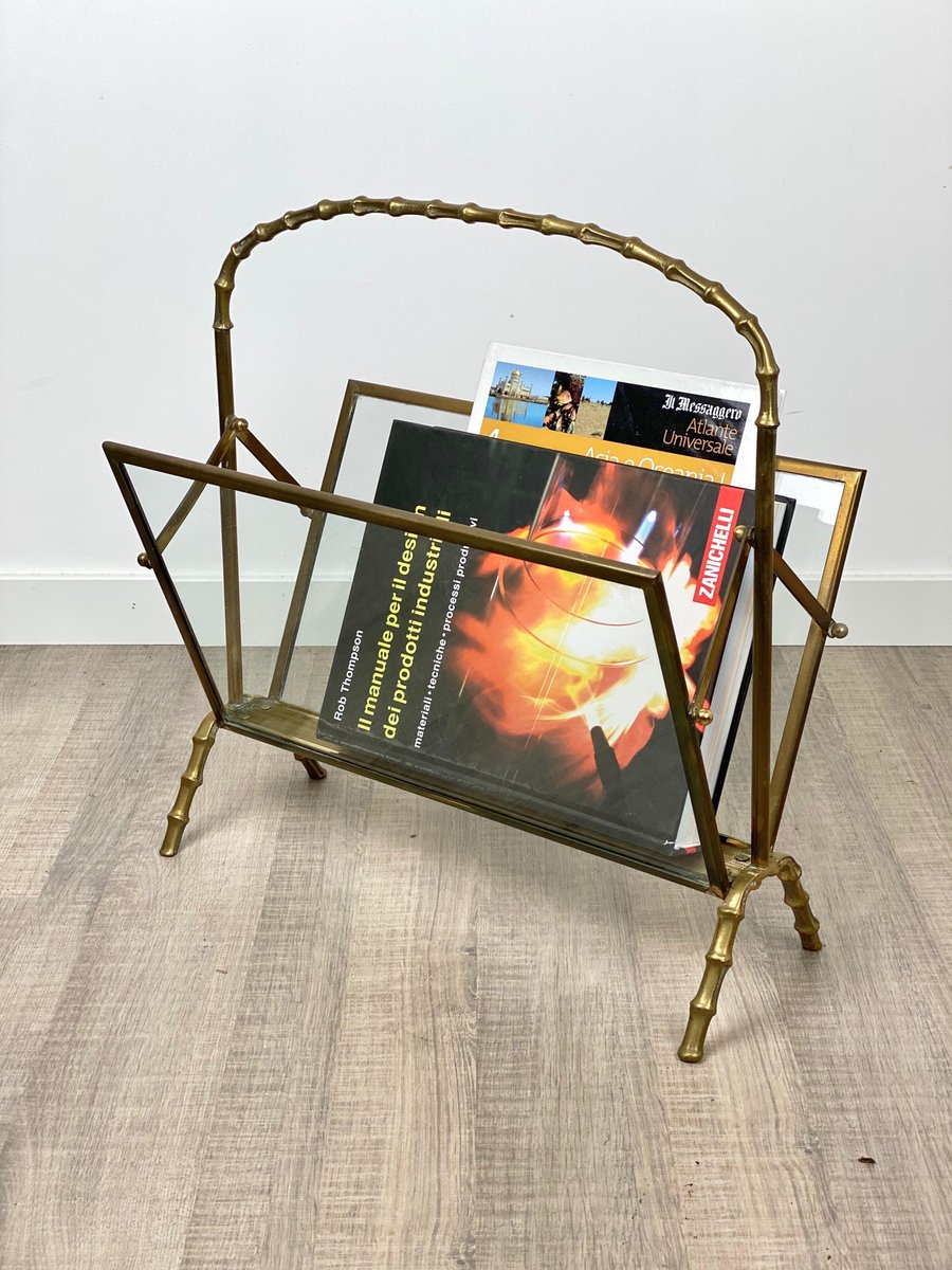 French Faux Bamboo Magazine Rack Stand in Brass Glass from Maison Baguès, 1950s