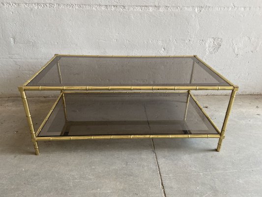 French Faux Bamboo, Mirrored Brass & Smoked Glass Two-Tier Coffee Table by Maison Baguès, 1960s-DHH-893709