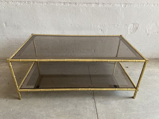 French Faux Bamboo, Mirrored Brass & Smoked Glass Two-Tier Coffee Table by Maison Baguès, 1960s-DHH-893709