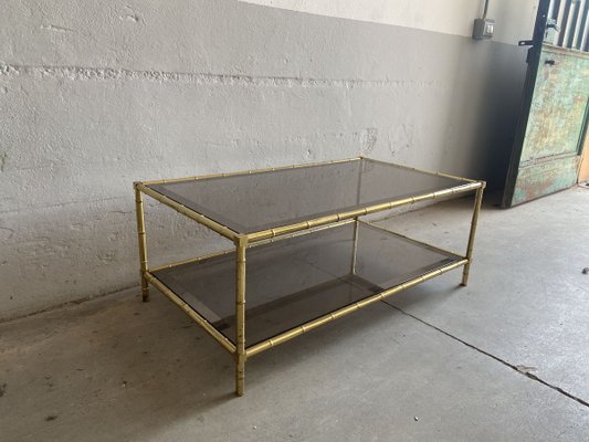 French Faux Bamboo, Mirrored Brass & Smoked Glass Two-Tier Coffee Table by Maison Baguès, 1960s-DHH-893709