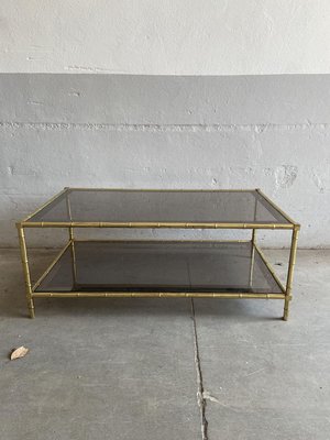 French Faux Bamboo, Mirrored Brass & Smoked Glass Two-Tier Coffee Table by Maison Baguès, 1960s-DHH-893709