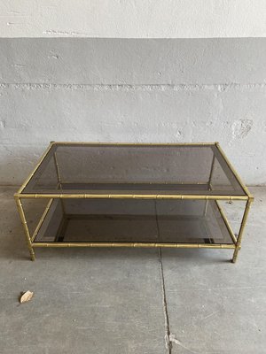 French Faux Bamboo, Mirrored Brass & Smoked Glass Two-Tier Coffee Table by Maison Baguès, 1960s-DHH-893709