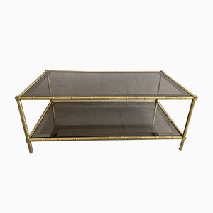 French Faux Bamboo, Mirrored Brass & Smoked Glass Two-Tier Coffee Table by Maison Baguès, 1960s-DHH-893709