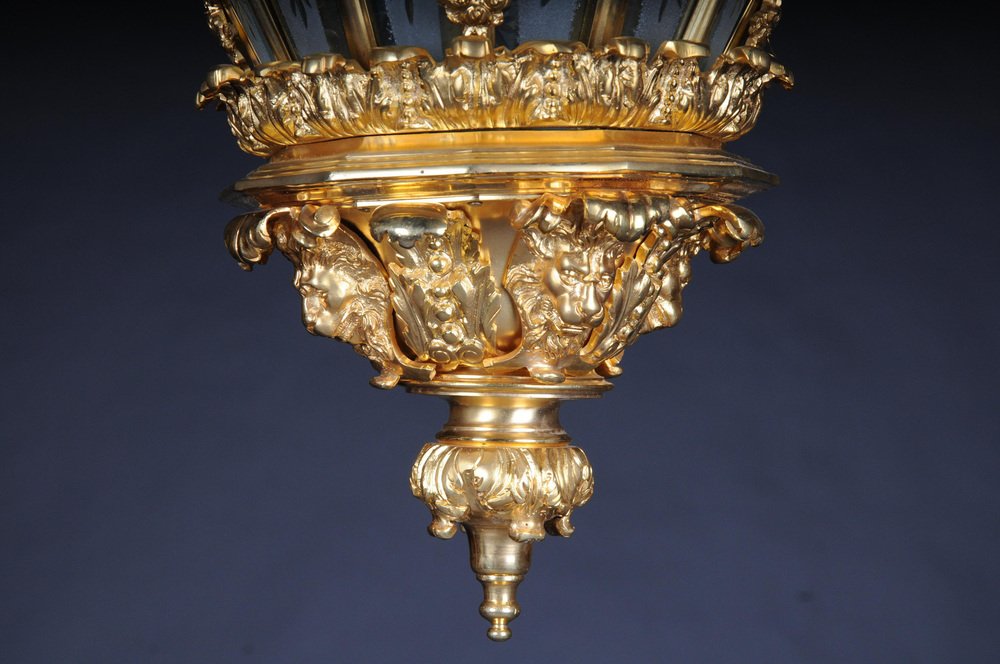 French Fire Gilt Bronze Lantern Hanging Light in Versailles Shape