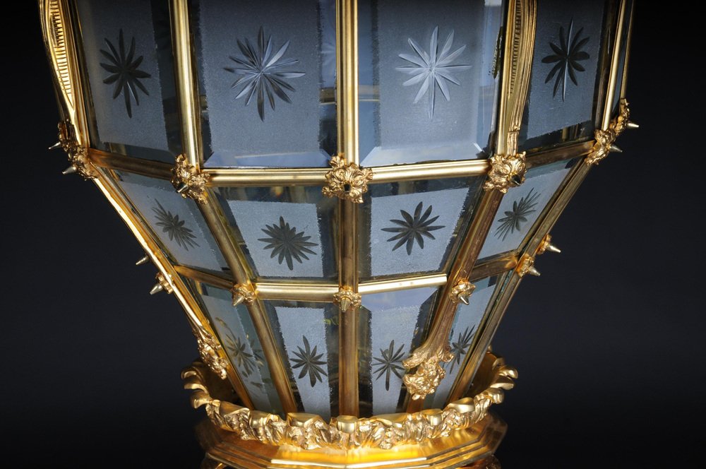 French Fire Gilt Bronze Lantern Hanging Light in Versailles Shape