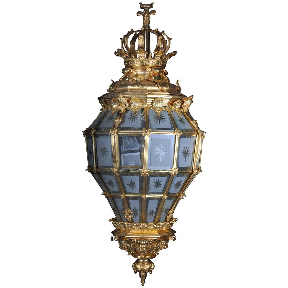 French Fire Gilt Bronze Lantern Hanging Light in Versailles Shape