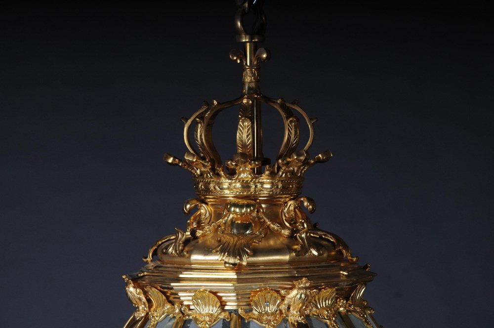 French Fire Gilt Bronze Lantern Hanging Light in Versailles Shape