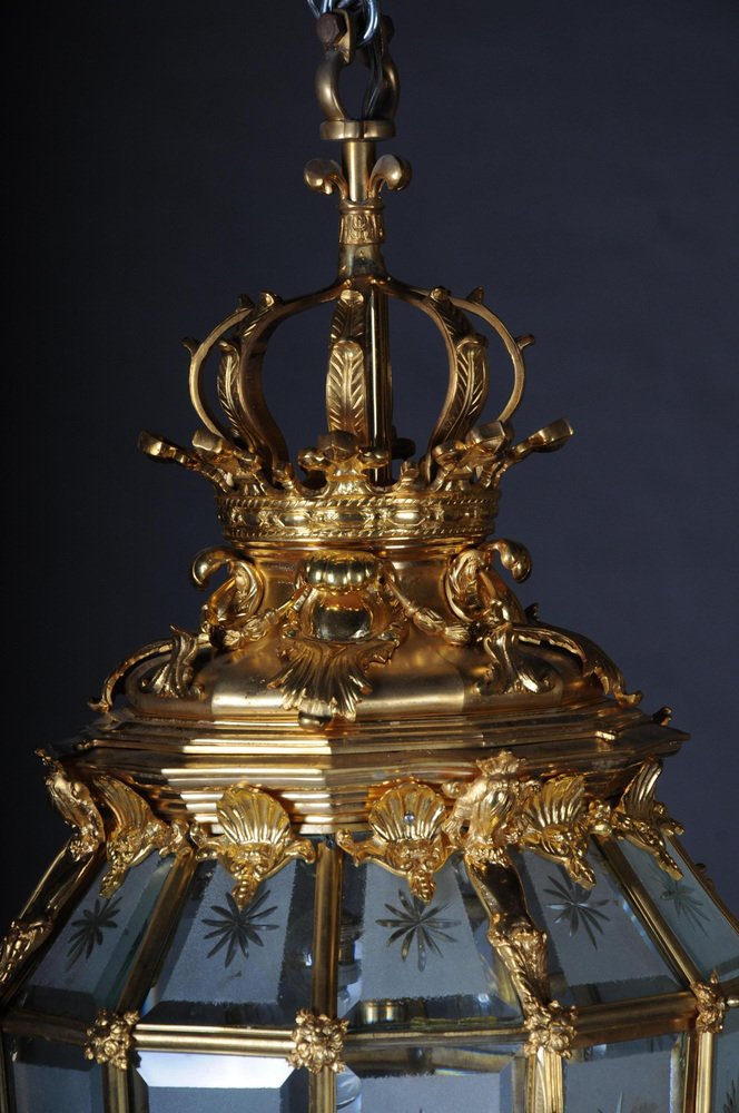 French Fire Gilt Bronze Lantern Hanging Light in Versailles Shape