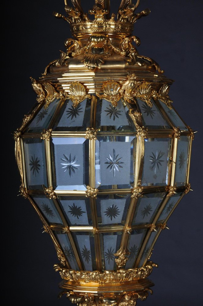 French Fire Gilt Bronze Lantern Hanging Light in Versailles Shape