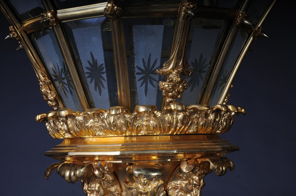 French Fire Gilt Bronze Lantern Hanging Light in Versailles Shape