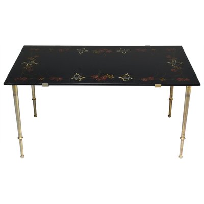 French Floral Hand-Painted Glass Coffee Table, 1970s-GXL-1016714