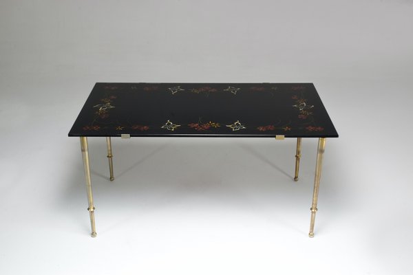 French Floral Hand-Painted Glass Coffee Table, 1970s-GXL-1016714