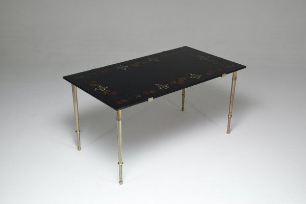 French Floral Hand-Painted Glass Coffee Table, 1970s-GXL-1016714