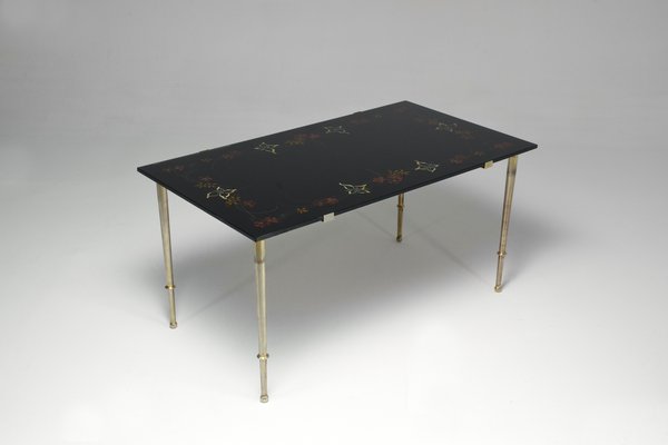 French Floral Hand-Painted Glass Coffee Table, 1970s-GXL-1016714