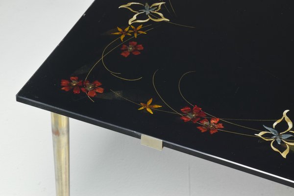 French Floral Hand-Painted Glass Coffee Table, 1970s-GXL-1016714