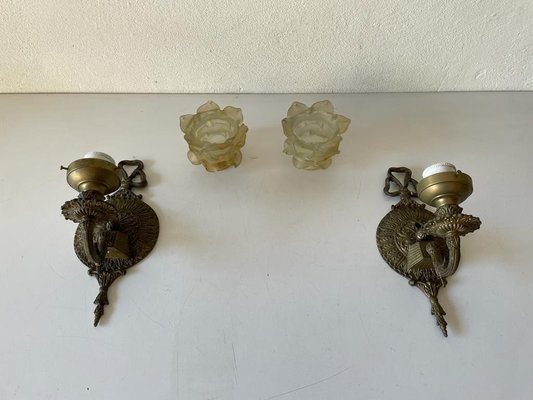 French Flower-Shaped Smoke Glass & Brass Sconces, 1940s, France, Set of 2-RDS-1405878