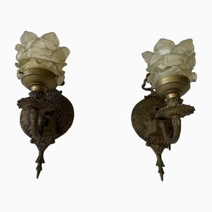 French Flower-Shaped Smoke Glass & Brass Sconces, 1940s, France, Set of 2-RDS-1405878