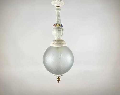 French Frosted Glass and Bronze Porcelain Globe Chandelier, 1960s-GYX-1340826