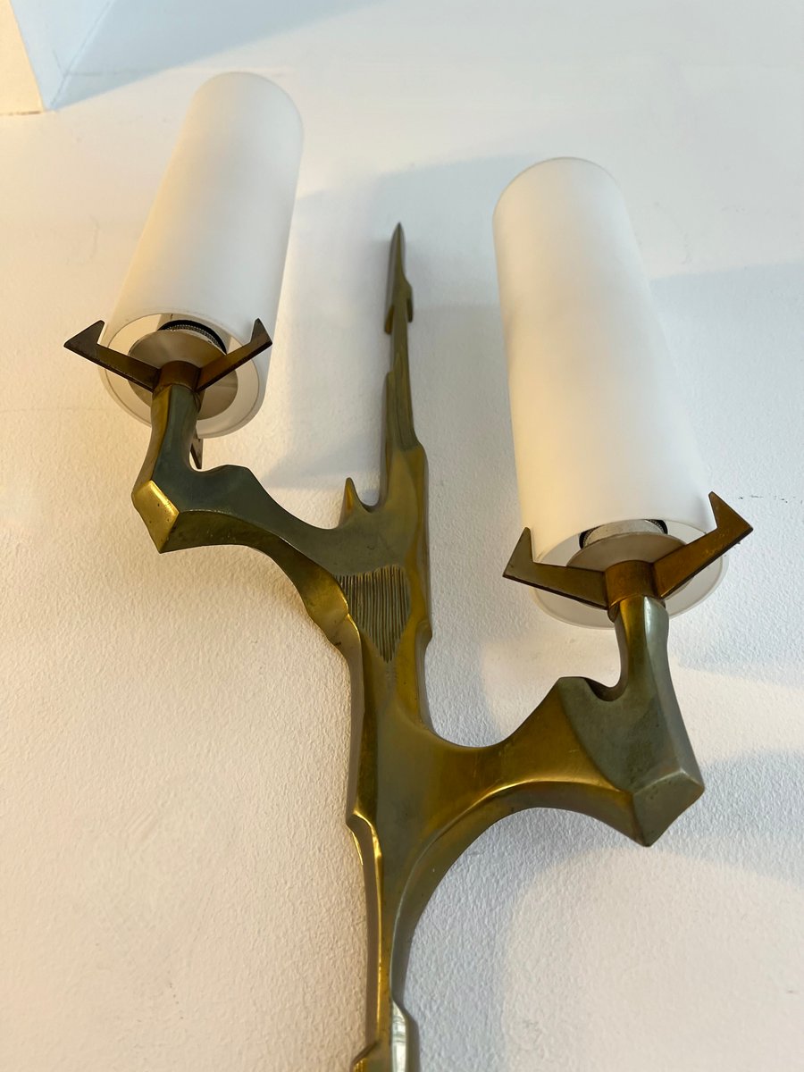 French Gilt Bronze and Opaline Glass Sconces by Maison Arlus, 1960s, Set of 2