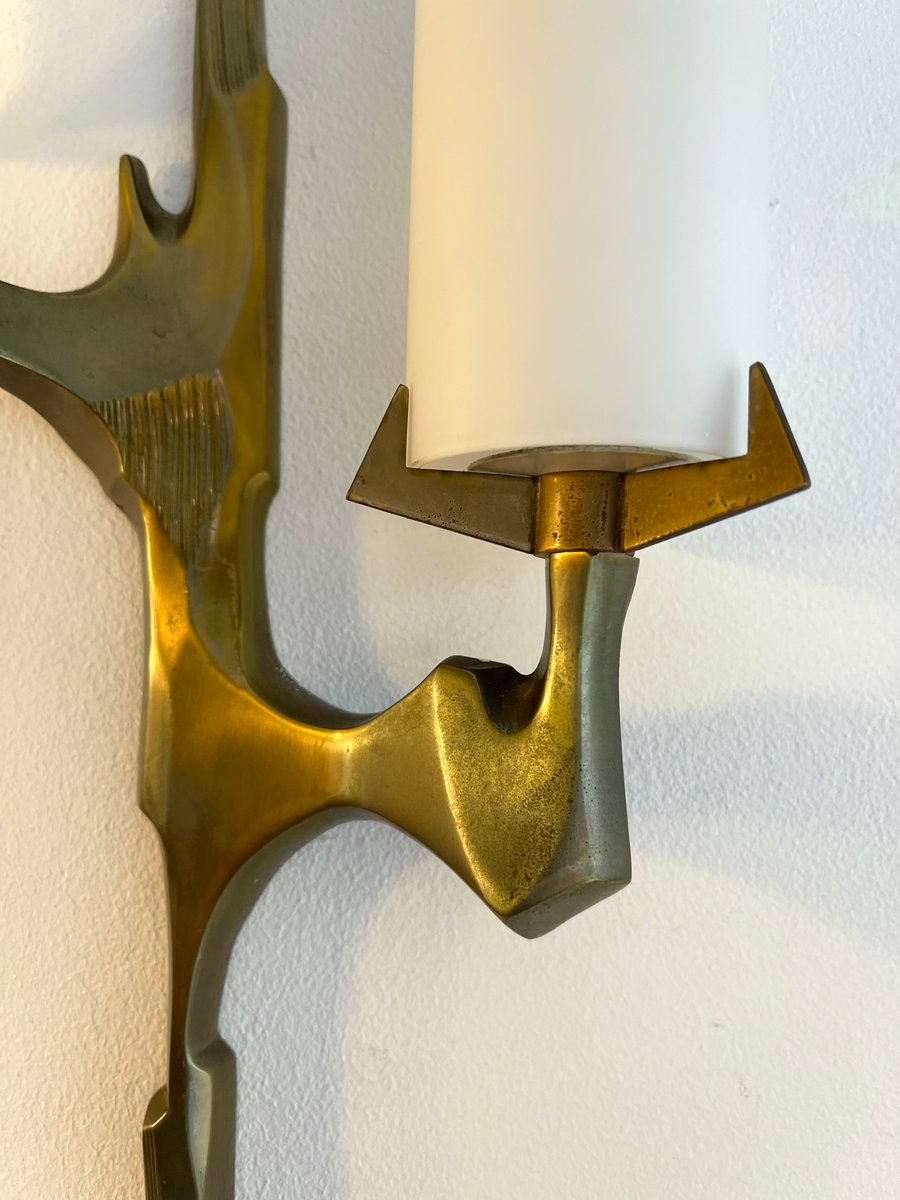 French Gilt Bronze and Opaline Glass Sconces by Maison Arlus, 1960s, Set of 2