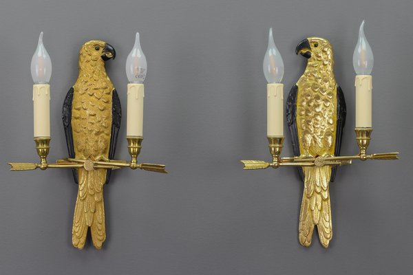 French Gilt Bronze Parrot Wall Sconces, 1970s, Set of 2-KEG-1398793