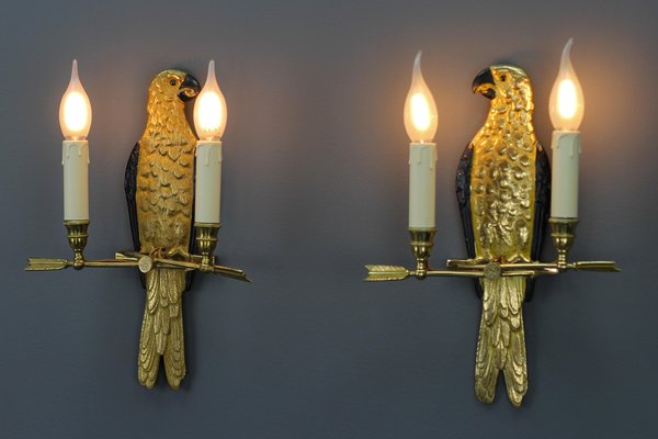 French Gilt Bronze Parrot Wall Sconces, 1970s, Set of 2-KEG-1398793