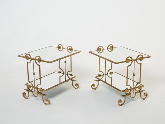 French Gilt Wrought Iron Mirror Two-Tier End Tables, 1950s, Set of 2-YJA-1384071