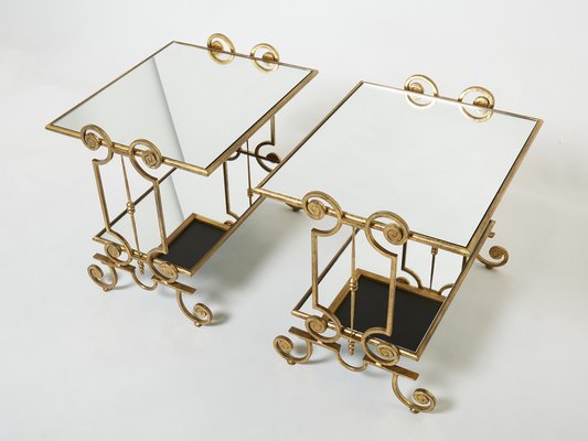 French Gilt Wrought Iron Mirror Two-Tier End Tables, 1950s, Set of 2-YJA-1384071