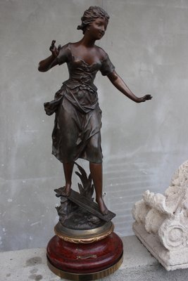 French Girl on Wood Base Statue by Rancoulet-UWJ-1172960