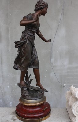 French Girl on Wood Base Statue by Rancoulet-UWJ-1172960