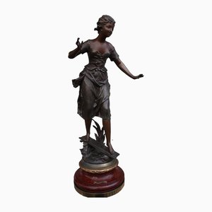 French Girl on Wood Base Statue by Rancoulet-UWJ-1172960